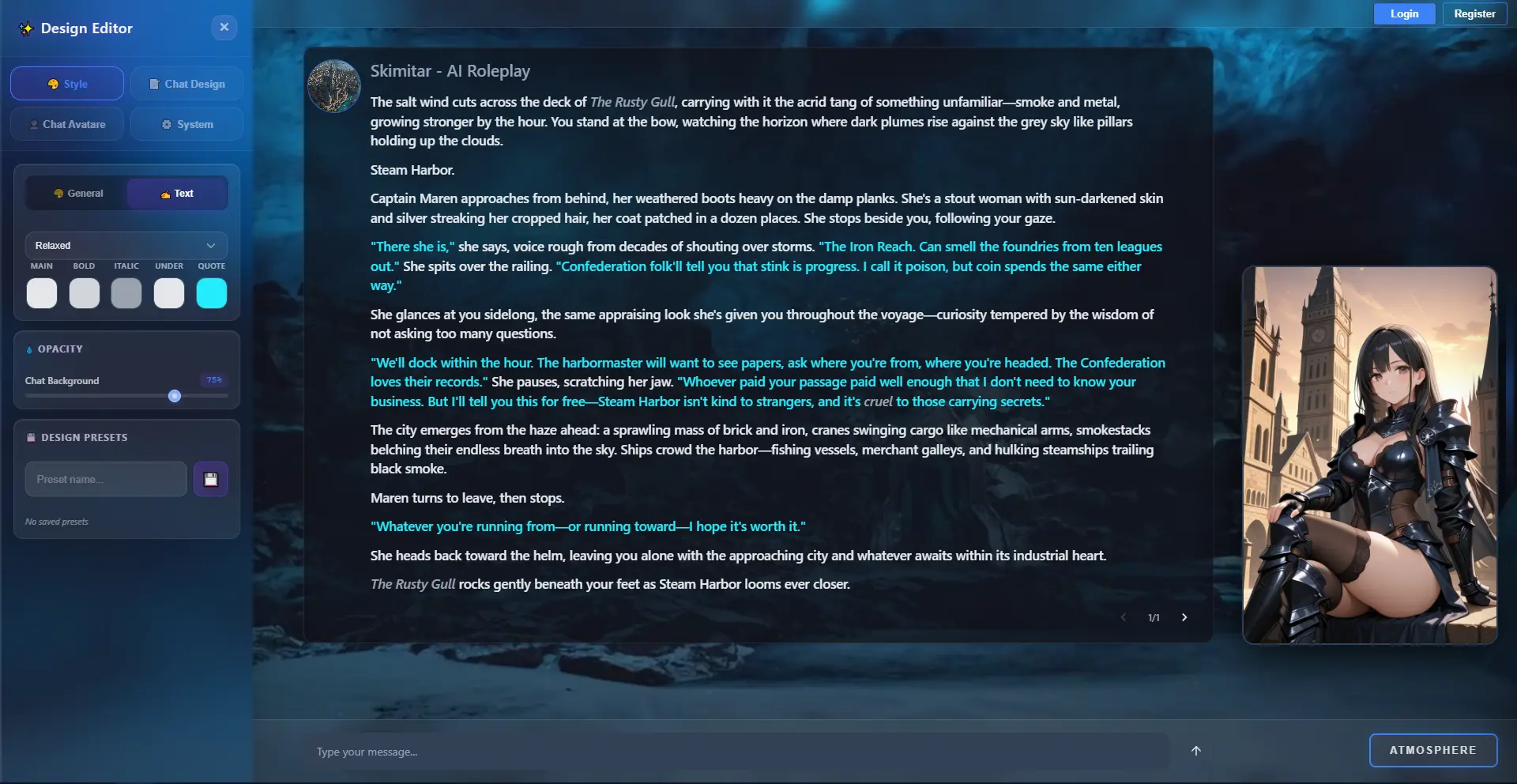 Pretty Tavern with the Design Editor open beside a running roleplay chat